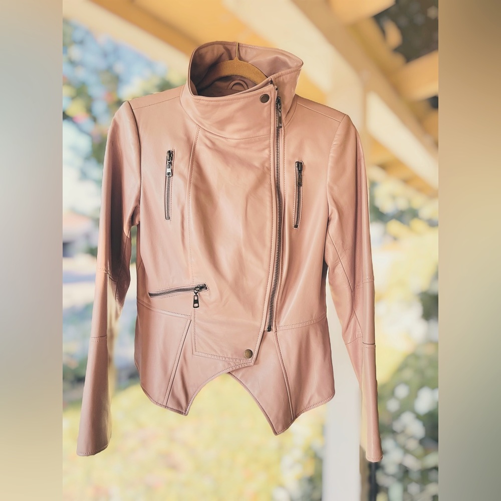 SOLD Butter leather motorcycle jacket  in soft pink.